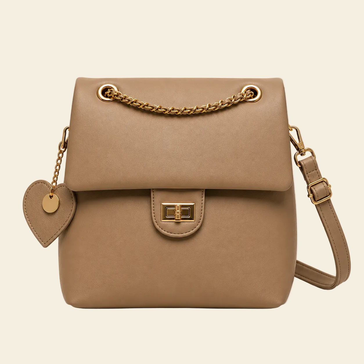 Pink bag Pack with gold chain handle on a beige background